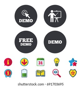 Demo with cursor icon. Presentation billboard sign. Man standing with pointer symbol. Calendar, Information and Download signs. Stars, Award and Book icons. Light bulb, Shield and Search. Vector