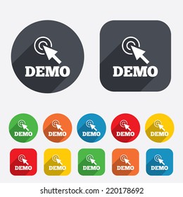 Demo With Cursor Sign Icon. Demonstration Symbol. Circles And Rounded Squares 12 Buttons. Vector