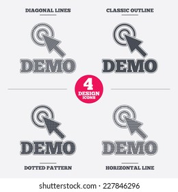 Demo with cursor sign icon. Demonstration symbol. Diagonal and horizontal lines, classic outline, dotted texture. Pattern design icons.  Vector
