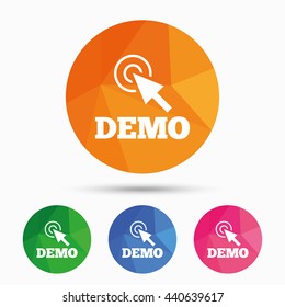 Demo with cursor sign icon. Demonstration symbol. Triangular low poly button with flat icon. Vector