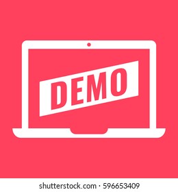 Demo. Flat vector laptop icon design illustration on red background.