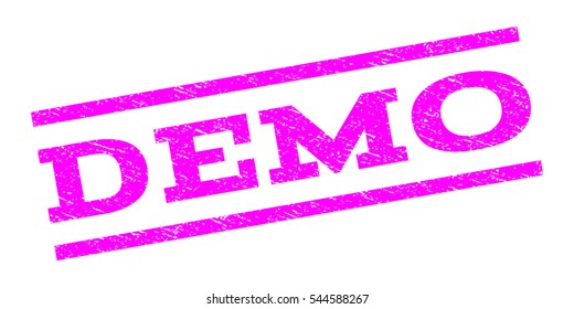 Demo watermark stamp. Text caption between parallel lines with grunge design style. Rubber seal stamp with dust texture. Vector magenta color ink imprint on a white background.