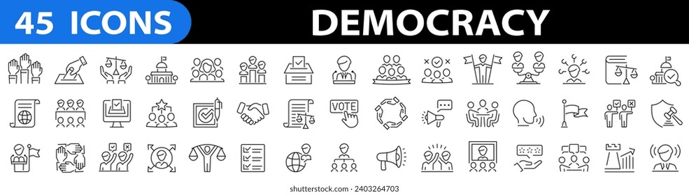 Icono de Democracy 45 conjunto de iconos de contorno relacionados. Para el diseño de marketing de sitios web. Política, presidente, voto, gente, votante, votante, primer ministro, gavel, legislativo, electoral y más. Ilustración del vector