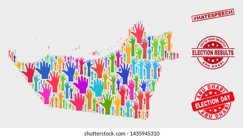 Democracy Abu Dhabi Emirate map and seal stamps. Red rectangular #Hatespeech grunge seal stamp. Colorful Abu Dhabi Emirate map mosaic of raised up raising arms. Vector combination for election day,