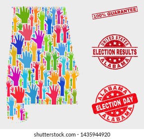 Democracy Alabama State map and seals. Red rectangle 100% Guarantee distress stamp. Colored Alabama State map mosaic of raised up ballot arms. Vector collage for election day, and ballot results.