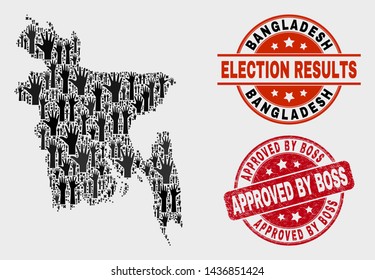 Democracy Bangladesh map and seals. Red round Approved by Boss scratched seal stamp. Black Bangladesh map mosaic of upwards like arms. Vector composition for referendum results,