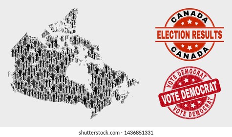 Democracy Canada map and watermarks. Red rounded Vote Democrat distress seal stamp. Black Canada map mosaic of raised up decision arms. Vector combination for election results,