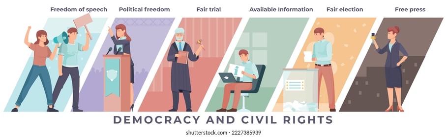 Democracy and civil rights flat concept with people fighting for fair trial free press freedom of speech vector illustration