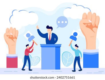 Democracy concept flat vector illustration. election of head of government. Freedom of speech, fairness of choice and opinion. Political election crowd of citizens, campaigning, opinion poll.