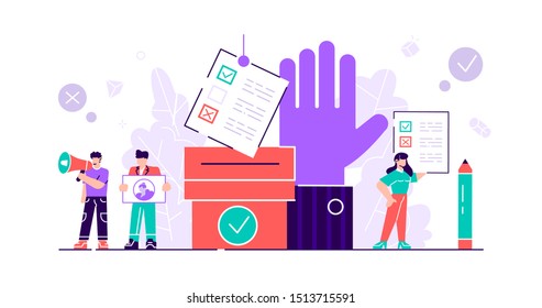 Democracy concept. Freedom of speech, justice voting and opinion. Flat tiny ideology persons. Symbolic referendum and poll choice event. Citizen crowd political election. Flat tiny vector illustration