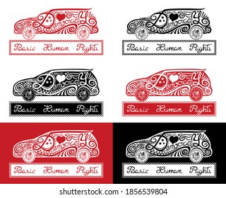 Texto del concepto de democracia con letras de la mano en forma de coche. Los derechos humanos básicos como base, las personas como rueda. Ilustración vectorial.