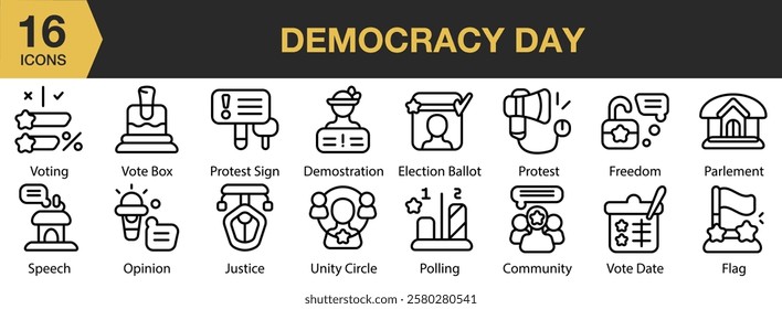 Democracy Day icon set. Includes celebration, democracy, national, freedom, independence, and More. Outline icons vector collection.