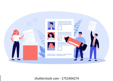 Democracy election flat vector illustration. Cartoon citizens voting during election, ballot or poll. Freedom, society ideology and constitution concept