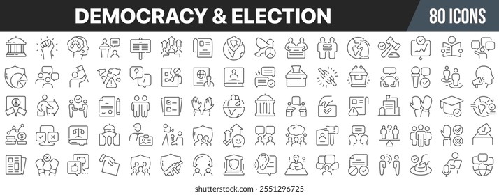 Coleção de ícones de linha de democracia e eleição. Ícone de IU grande definido em um design plano. Pacote fino de ícones de estrutura de tópicos. Ilustração vetorial EPS10