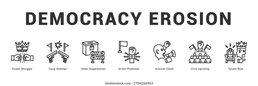 Democracia Erosão Ilustração moderna e limpa do banner da web apresentando ícones temáticos para a comunicação visual