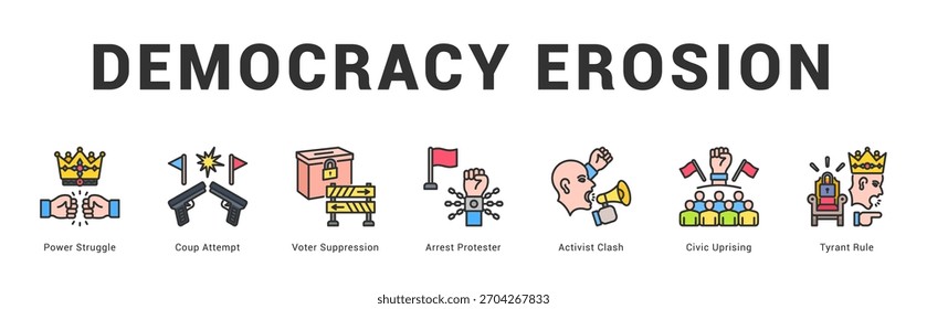Democracia Erosão Ilustração moderna e limpa do banner da web apresentando ícones temáticos para a comunicação visual