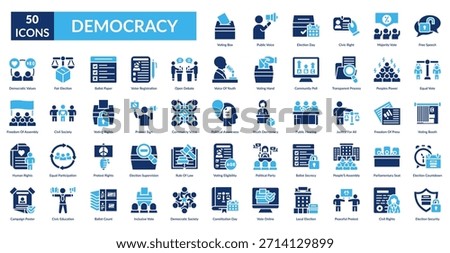 Democracy Fill Icon Set. Voting Box, Public Voice, Election Day, Civic Right, Majority Vote, Free Speech, Equal Vote