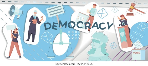 Democracy flat collage with cut paper human characters campaigning for political freedom fair trial right to vote vector illustration