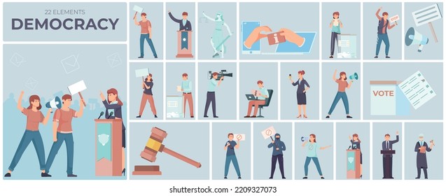 Democracy flat composition of twenty two elements with people fighting for fair trial free voting available information vector illustration