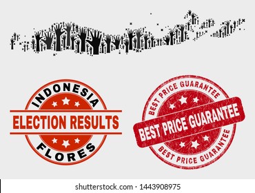 Democracy Flores Islands of Indonesia map and stamps. Red rounded Best Price Guarantee scratched seal. Black Flores Islands of Indonesia map mosaic of upwards voting arms.