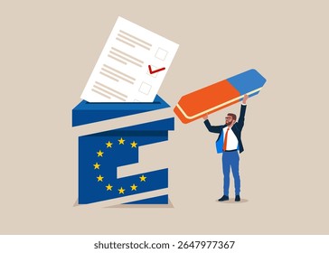 Conceito De Liberdade Para A Democracia. Político removeu a caixa de eleição com borracha. Votação na União Europeia. Cédulas de papel para a caixa de eleição. Ilustração de vetor plano