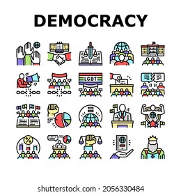 Democracy Government Politic Icons Set Vector. Democracy Parliament And Political Voting, Citizen Patriotism And Social Justice, Majority Rules And Minority Rights Line. Color Illustrations