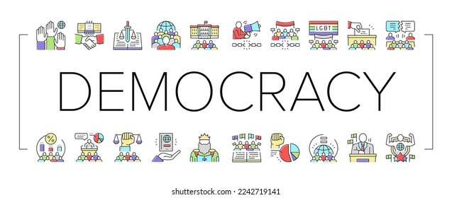 Democracy Government Politic Icons Set Vector. Democracy Parliament And Political Voting, Citizen Patriotism And Social Justice, Majority Rules And Minority Rights Line. Color Illustrations