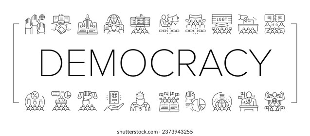 Democracy Government Politic Icons Set Vector. Democracy Parliament And Political Voting, Citizen Patriotism And Social Justice, Majority Rules And Minority Rights Black Contour Illustrations