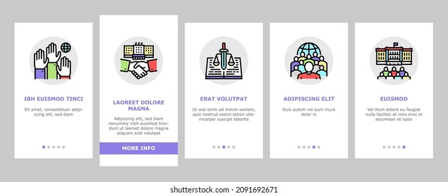 Democracy Government Politic Onboarding Mobile App Page Screen Vector. Democracy Parliament And Political Voting, Citizen Patriotism And Social Justice, Majority Rules Minority Rights Illustrations