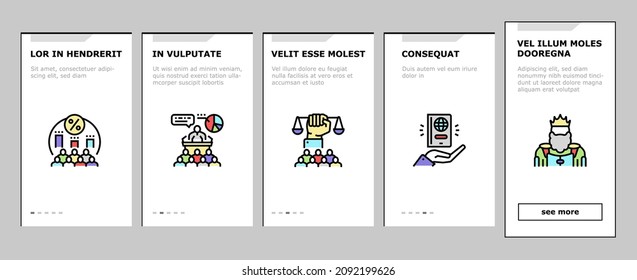 Democracy Government Politic Onboarding Mobile App Page Screen Vector. Democracy Parliament And Political Voting, Citizen Patriotism And Social Justice, Majority Rules Minority Rights Illustrations