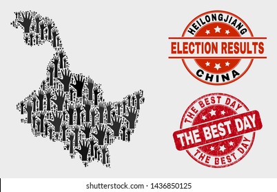 Democracy Heilongjiang Province map and stamps. Red round The Best Day distress seal stamp. Black Heilongjiang Province map mosaic of raised support hands. Vector combination for referendum results,