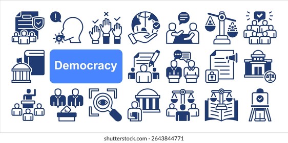 Democracy icon collection set. Containing Elections, Human rights, Transparency, Freedom, Representation, Participation, Constitution. Simple vector