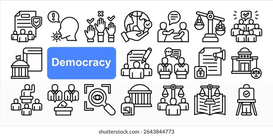 Democracy icon collection set. Containing Elections, Human rights, Transparency, Freedom, Representation, Participation, Constitution. Simple vector