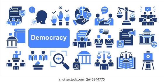 Democracy icon collection set. Containing Elections, Human rights, Transparency, Freedom, Representation, Participation, Constitution. Simple vector