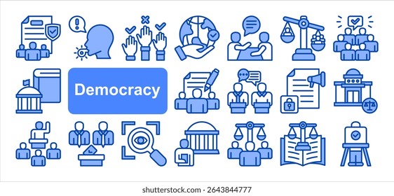 Democracy icon collection set. Containing Elections, Human rights, Transparency, Freedom, Representation, Participation, Constitution. Simple vector