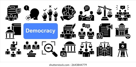 Democracy icon collection set. Containing Elections, Human rights, Transparency, Freedom, Representation, Participation, Constitution. Simple vector
