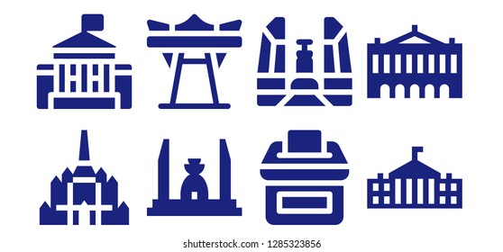  democracy icon set. 8 filled democracy icons. Simple modern icons about  - Thatbyinnyu temple, White house, Democracy monument, Giant swing, Vote, Palais garnier