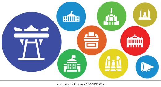 democracy icon set. 9 filled democracy icons.  Collection Of - Giant swing, White house, Thatbyinnyu temple, Democracy monument, Vote, Palais garnier, Protest