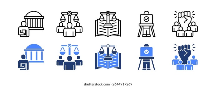 Democracy icon set with Civic, Human rights, Constitution, Voting booth, Freedom.	