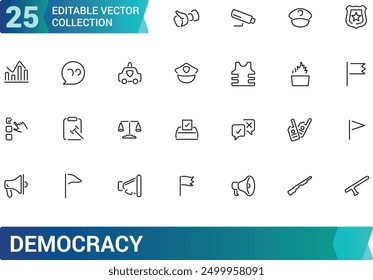 Symbol für Demokratie. Sammlung und Paket von linearen Web- und Ui-Icons. Bearbeitbarer Strich. Vektorgrafik.