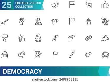 Democracy icon set. Collection and pack of linear web and ui icons. Editable stroke. Vector illustration.