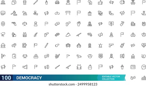 Conjunto de iconos de democracia. Colección y paquete de iconos lineales de Web y UI. Trazo editable. Ilustración vectorial.