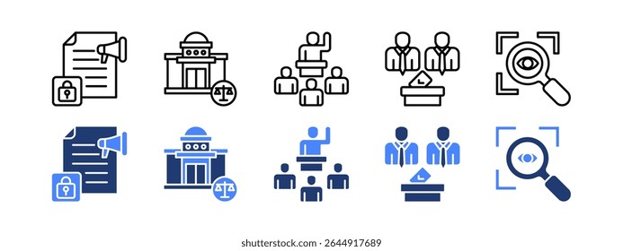Democracy icon set with Free press, Legislature, Representation, Elections, Transparency.