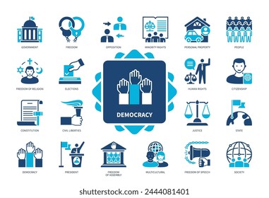 Democracy icon set. Freedom, Constitution, Minority Rights, Elections, Justice, President, Civil Liberties, Opposition. Duotone color solid icons