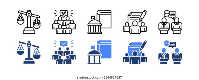Democracy icon set with Minority, Majority, Education, Petition, Debates