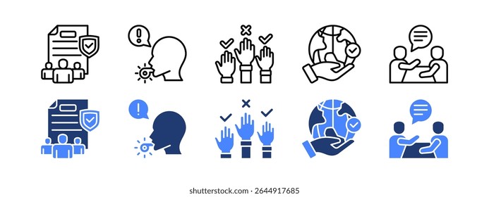 Democracy icon set with Public, Whistle blower, Participation, Responsibility, Lobbying.