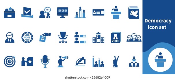 Democracy icon set, speech, democracy, people, set, election, hand, vector, government, outline, isolated, line, symbol, president and more.