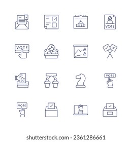 Democracy icon set. Thin line icon. Editable stroke. Containing invitation, ballot, calendar, vote, candidate, candidates, referendum, debate, democracy, fist, voting.