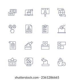 Democracy icon set. Thin line icon. Editable stroke. Containing bribe, online voting, billboard, government, candidates, vote, declaration, poll, election.