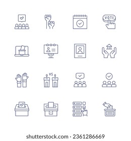 Juego de iconos de la democracia. Icono de línea delgada. Trazo editable. Conteniendo grupo, activismo, calendario, votación en línea, campaña, candidatos, política, levantar la mano, debate, democracia, voto, votación.